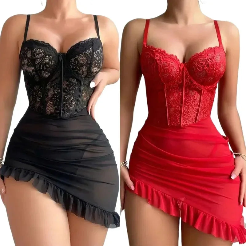 Nuisette en dentelle transparente pour femme, ensemble délicat et sexy