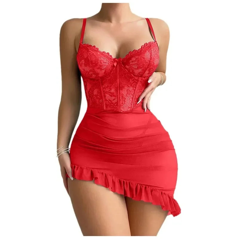 Nuisette en dentelle transparente pour femme, ensemble délicat et sexy