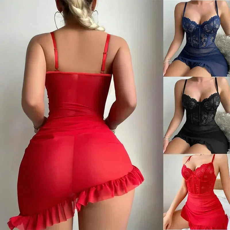 Nuisette en dentelle transparente pour femme, ensemble délicat et sexy